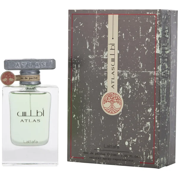 Perfume Lattafa Atlas EDP 55ml. Frasco elegante con tapa de metal plateada de estilo industrial/envejecido. Fragancia unisex marina y salada con ámbar gris.