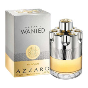 Perfume Azzaro Wanted 100ml EdT. Frasco cilíndrico plateado y transparente con diseño de tambor de revólver, con tapa metálica.