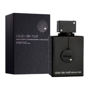 Perfume Armaf Club de Nuit Intense Man Edt 105ml frasco negro con detalles plateados y colgante con brillantes fragancia cítrica ahumada amaderada para hombre.