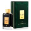 Perfume Lattafa Ejaazi Edp 100ml frasco negro con diseño de rejilla plateada y dorada fragancia ambar aromatica amaderada unisex con citricos cardamomo ambroxan.