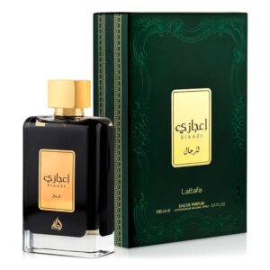 Perfume Lattafa Ejaazi Edp 100ml frasco negro con diseño de rejilla plateada y dorada fragancia ambar aromatica amaderada unisex con citricos cardamomo ambroxan.
