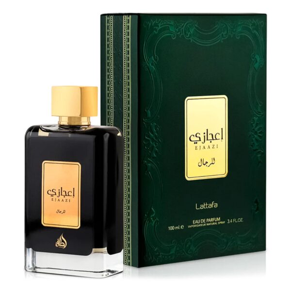 Perfume Lattafa Ejaazi Edp 100ml frasco negro con diseño de rejilla plateada y dorada fragancia ambar aromatica amaderada unisex con citricos cardamomo ambroxan.