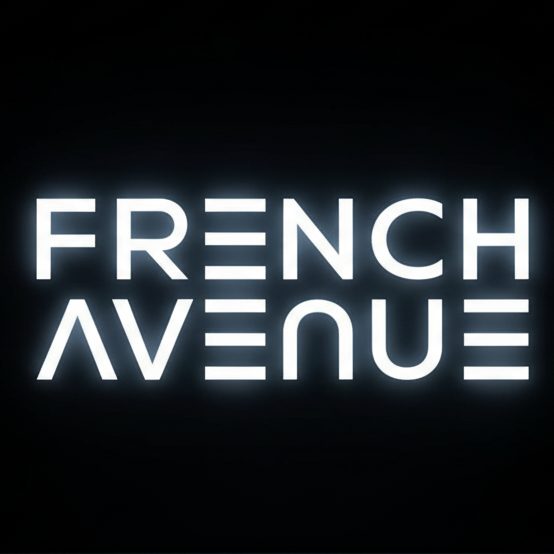 Logo French Avenue en tipografía elegante, neón blanco sobre fondo negro.
