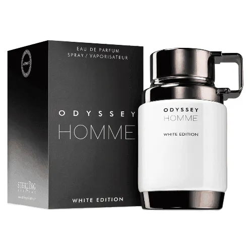 Perfume Armaf Odyssey Homme White Edition Edp 100ml frasco blanco fragancia Ambar Fougère para hombre con pomelo notas marinas y madera de gaiac.