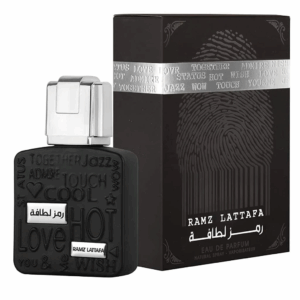 Perfume Lattafa Ramz Lattafa Silver Edp 100ml frasco negro y plateado con diseño de cuerpo masculino fragancia ambar vainilla dulce unisex con pera y cardamomo.