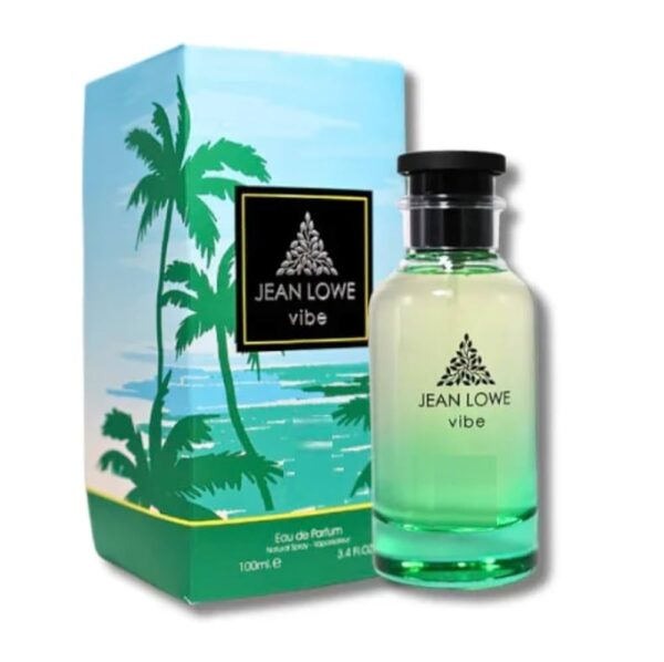 jeanlowevibe-100ml Perfume Maison Alhambra Jean Lowe Vibe Eau de Parfum 100ml. Frasco cilíndrico de vidrio verde con letras doradas. Fragancia unisex cítrica y frutal.