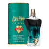 Perfume Jean Paul Gaultier Le Beau Le Parfum EDP 125ml. Frasco con forma de torso masculino, lacado en degradado de negro a verde con una hoja de parra dorada en el cuello. Fragancia masculina dulce con coco y haba tonka.