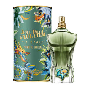 Perfume Jean Paul Gaultier Le Beau Paradise Garden 125ml EDP. Frasco en forma de torso masculino con líquido verde esmeralda y una hoja de parra bordada sobre la cintura.