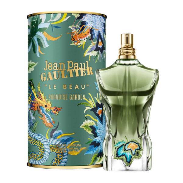 le beau-paradise-garden Perfume Jean Paul Gaultier Le Beau Paradise Garden 125ml EDP. Frasco en forma de torso masculino con líquido verde esmeralda y una hoja de parra bordada sobre la cintura.