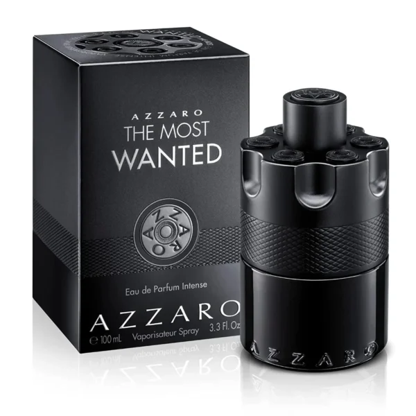 Perfume Azzaro The Most Wanted Eau de Parfum Intense 100ml. Frasco negro mate en forma de tambor de revólver. Fragancia masculina dulce y ambarina.