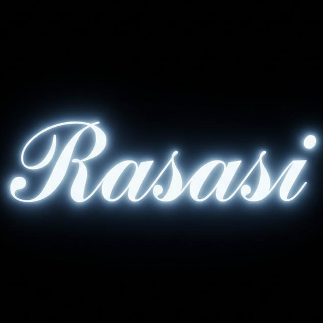 Logotipo de Rasasi con fuente y forma exactas, efecto blanco/azul brillante, fondo negro.