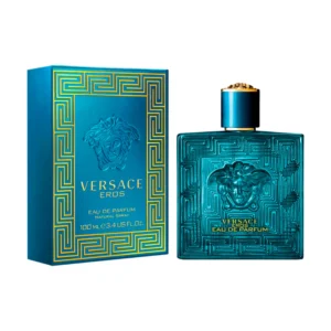 Perfume Versace Eros Eau de Parfum 100ml. Frasco rectangular de cristal azul turquesa con emblema de Medusa en relieve y tapón dorado. Fragancia masculina dulce y amaderada.