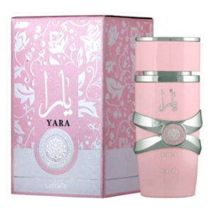 yara-100-ML Perfume Lattafa Yara Woman Edp 100ml frasco rosa con tapa dorada fragancia ambar vainilla gourmand para mujer con orquidea frutas tropicales y sandalo.