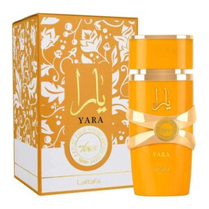 yara-moi-TOUS100ml Perfume Lattafa Yara Tous Edp 100ml frasco naranja durazno con detalles dorados fragancia floral frutal tropical de mango coco y vainilla para mujer.