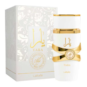 yara-moi-edp-100ml Perfume Lattafa Yara Moi Edp 100ml frasco blanco y dorado con fragancia gourmand floral de jazmín durazno caramelo y sandalo para mujer.