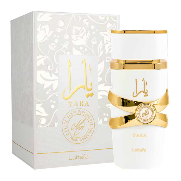Perfume Lattafa Yara Moi Edp 100ml frasco blanco y dorado con fragancia gourmand floral de jazmín durazno caramelo y sandalo para mujer.