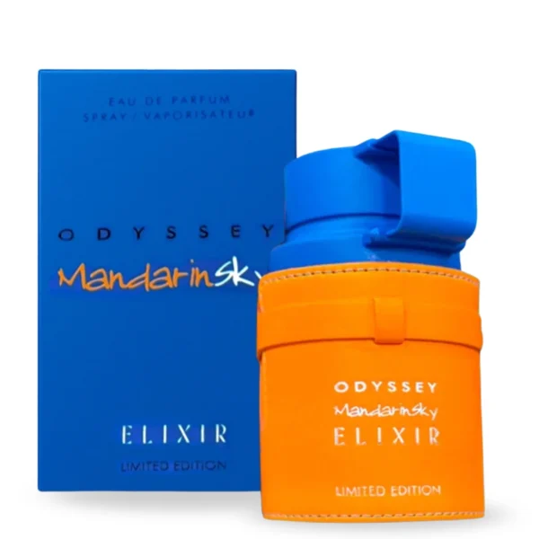 Perfume Armaf Odyssey Mandarin Sky Elixir Eau de Parfum 100 ml. Fragancia Oriental Amaderada unisex en botella naranja y negra. Perfume árabe con notas de mandarina y caramelo.