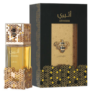 Perfume Lattafa Atheri Eau de Parfum 100 ml. Fragancia Oriental Amaderada unisex en botella oscura. Perfume árabe con notas de oud, cuero, ámbar y cardamomo.