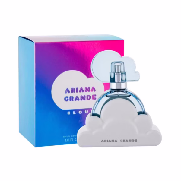 Perfume Ariana Grande Cloud Eau de Parfum 100 ml. Fragancia Floral Frutal Gourmand en botella con base de nube azul. Perfume de celebridad con notas de coco y praliné.