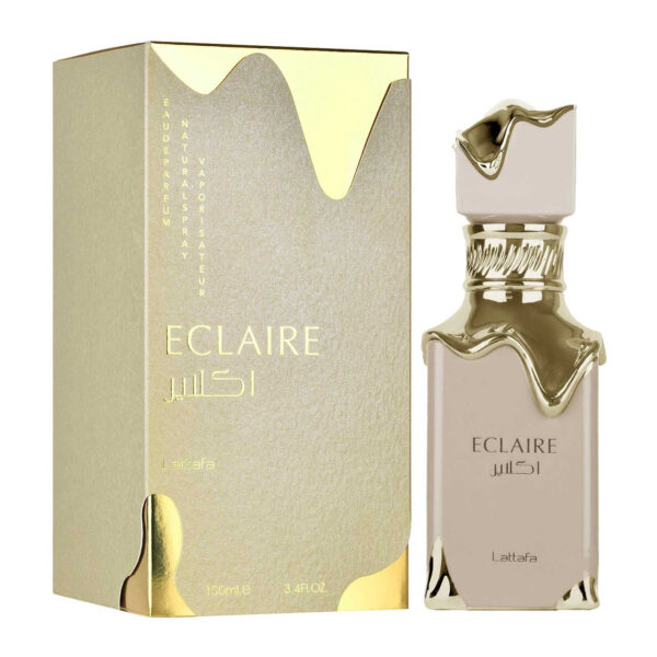 ECLAIRE_LATTAFA_100ML Perfume Lattafa Eclaire Eau de Parfum 100 ml. Fragancia Gourmand Femenina en botella rosa. Perfume árabe con notas de caramelo, leche, vainilla y praliné.