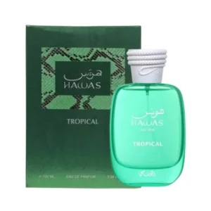 Perfume Rasasi Hawas Tropical Eau de Parfum 100 ml. Fragancia tropical con notas de coco, higo y menta para hombre. Botella de vidrio verde brillante.