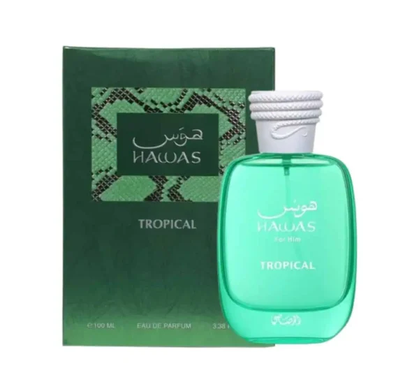 HAWAS TROPICAL Perfume Rasasi Hawas Tropical Eau de Parfum 100 ml. Fragancia tropical con notas de coco, higo y menta para hombre. Botella de vidrio verde brillante.