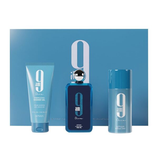 Set de Regalo Afnan 9am Dive 3 Piezas. Incluye Perfume Eau de Parfum de 100 ml, Gel y Loción Corporal. Fragancia Aromática Acuática unisex. Set de perfume árabe.
