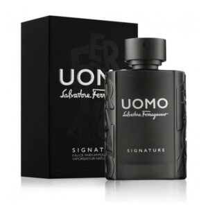 Perfume Salvatore Ferragamo Uomo Signature Eau de Parfum 100 ml. Fragancia de Cuero y Café para hombre en botella negra. Perfume de diseñador para invierno.