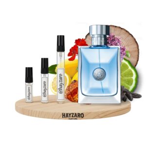 Decant de Versace Pour Homme. Atomizador de perfume de 10 ml de líquido azul claro. Muestra de fragancia cítrica y fresca para hombre.