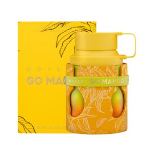 Perfume Armaf Odyssey Go Mango Eau de Parfum 100 ml. Fragancia de mango, jengibre y haba tonka, unisex. Botella de vidrio en tono naranja y amarillo.