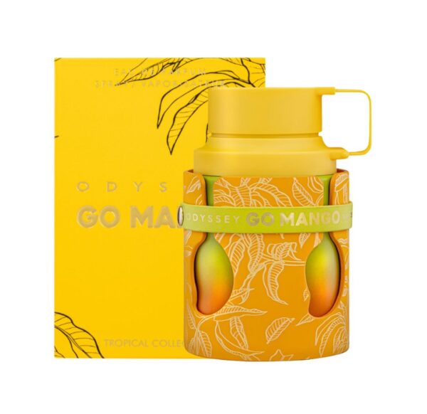 Perfume Armaf Odyssey Go Mango Eau de Parfum 100 ml. Fragancia de mango, jengibre y haba tonka, unisex. Botella de vidrio en tono naranja y amarillo.
