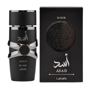 Perfume Lattafa Asad Elixir 2025 de 100 ml. Fragancia oriental masculina con notas de azafrán, tabaco e incienso. Botella negra con acabados premium.