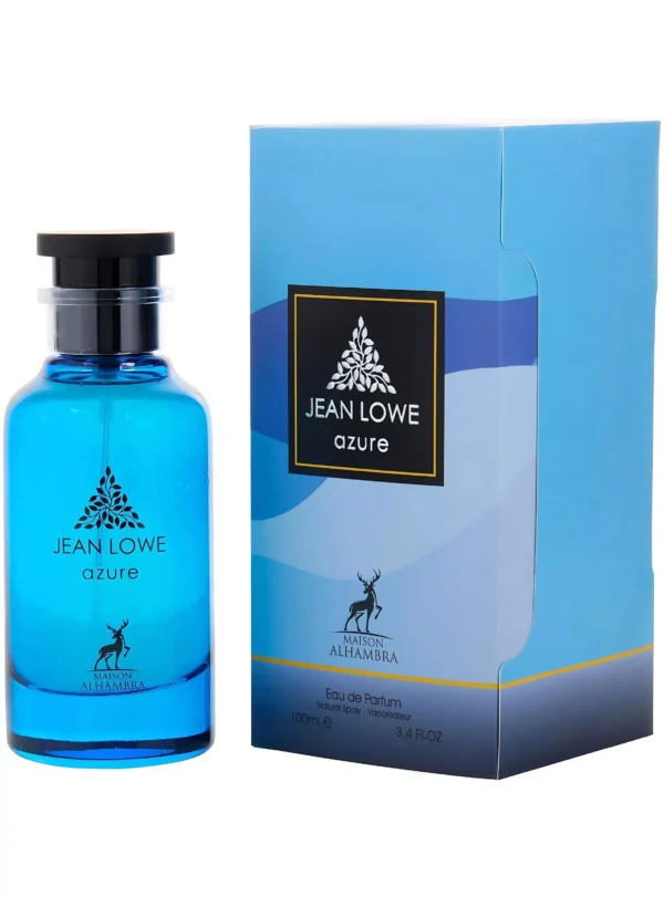 Perfume Jean Lowe Azure de Maison Alhambra 100 ml. Fragancia masculina fresca con jengibre, toronja y ambroxan. Botella cilíndrica elegante.