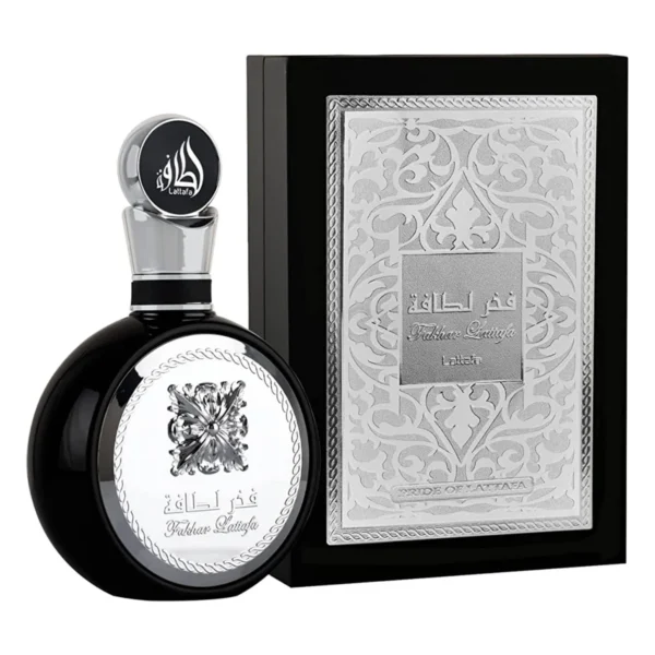 fakhar.silver.edp.100ml Perfume Lattafa Fakhar Silver Eau de Parfum 100 ml. Fragancia para hombre con notas de manzana, lavanda y haba tonka. Botella plateada y elegante.