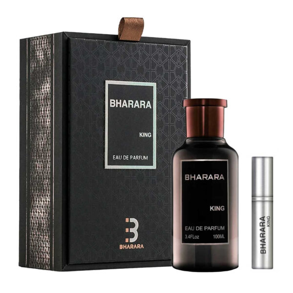 HBHAK__20413 Perfume Bharara King 100 ml EDP. Fragancia masculina afrutada y cítrica de alto rendimiento. Botella de lujo transparente con líquido amarillo y tapa plateada.