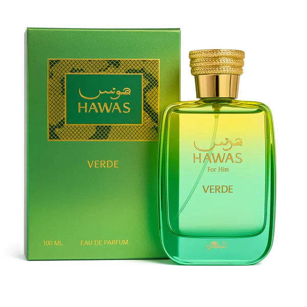 Hawas-Verde100Ml-Rasasi Perfume Rasasi Hawas Verde 100 ml EDP. Fragancia masculina verde con notas de manzana, menta y albahaca. Botella icónica con líquido verde y tapa de serpiente.
