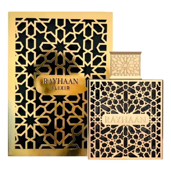 rayhaaan.elixir.edp Perfume Rayhaan Elixir 100 ml Edp. Fragancia masculina dulce con notas de miel, vainilla y lavanda. Botella elegante de vidrio oscuro.