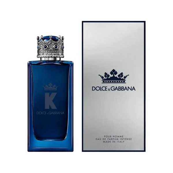 Perfume Dolce & Gabbana K Intense 100 ml EDP. Fragancia masculina con notas de naranja sanguínea, higo y cuero. Botella de vidrio azul degradado con tapa en forma de corona plateada y azul.