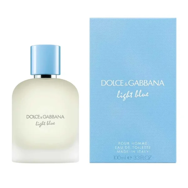 Perfume Dolce & Gabbana Light Blue Pour Homme 100 ml EDT. Fragancia masculina fresca con notas de mandarina, toronja e incienso. Botella cilíndrica esmerilada con tapa azul oscuro.