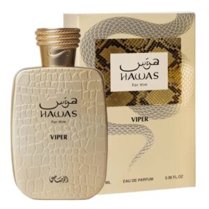 Perfume Rasasi Hawas Viper 100 ml EDP. Fragancia masculina con detalles de serpiente en la tapa, notas de pimienta negra, incienso y ámbar gris. Botella de diseño lujoso.