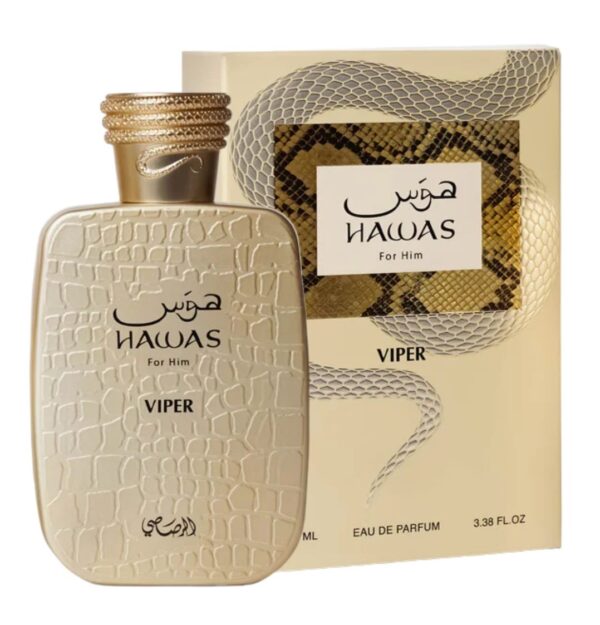 Perfume Rasasi Hawas Viper 100 ml EDP. Fragancia masculina con detalles de serpiente en la tapa, notas de pimienta negra, incienso y ámbar gris. Botella de diseño lujoso.