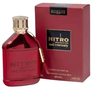 Perfume Dumont Nitro Red Intensely 100 ml Extrait de Parfum. Fragancia masculina de alta concentración con notas de sandía, caramelo y ámbar. Botella roja de lujo con detalles metálicos.