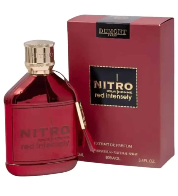 Perfume Dumont Nitro Red Intensely 100 ml Extrait de Parfum. Fragancia masculina de alta concentración con notas de sandía, caramelo y ámbar. Botella roja de lujo con detalles metálicos.