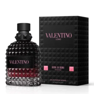 Perfume Valentino Born in Roma Intense Uomo 100 ml EDP. Fragancia masculina de lujo con notas de jengibre, lavanda y vainilla ahumada. Botella negra con diseño de tachuelas rockstud.