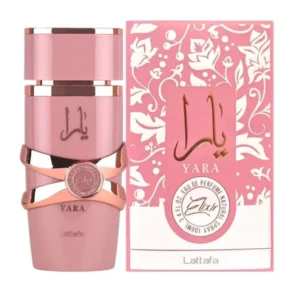 Perfume Lattafa Yara Elixir 100 ml EDP. Fragancia femenina en botella con degradado rosa oscuro y negro, diseño árabe lujoso con notas de frutos rojos y vainilla.