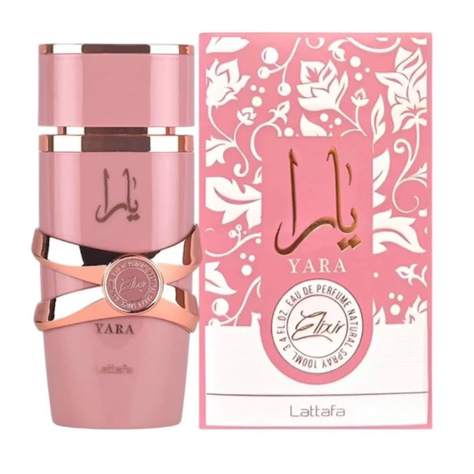 Perfume Lattafa Yara Elixir 100 ml EDP. Fragancia femenina en botella con degradado rosa oscuro y negro, diseño árabe lujoso con notas de frutos rojos y vainilla.