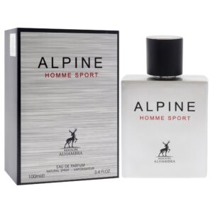 Perfume Alpine Homme Sport 100 ml EDP de Maison Alhambra. Fragancia masculina fresca con notas cítricas, marinas y de haba tonka. Botella plateada con detalles en negro y diseño deportivo.