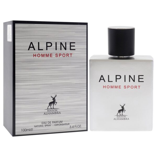Perfume Alpine Homme Sport 100 ml EDP de Maison Alhambra. Fragancia masculina fresca con notas cítricas, marinas y de haba tonka. Botella plateada con detalles en negro y diseño deportivo.