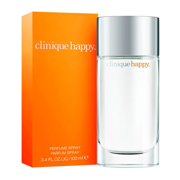 Perfume Clinique Happy for Women 100 ml EDP. Fragancia femenina cítrica y floral con notas de naranja, toronja y fresia. Botella icónica de vidrio transparente con tapa plateada.
