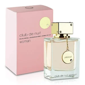Perfume Armaf Club De Nuit Woman 105 ml EDP. Fragancia femenina elegante con notas de cítricos, rosa, lichi y pachulí. Botella de diseño lujoso en color ámbar/oro con cristales.